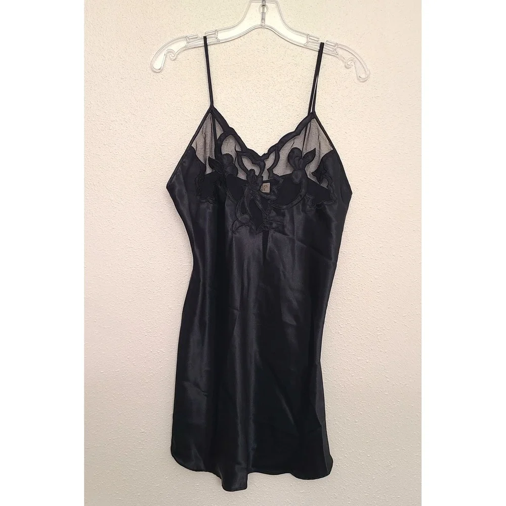 Vtg Victoria's Secret Gold Label Sz L Black Satin Lace‎ Slip Dress Whimsygoth